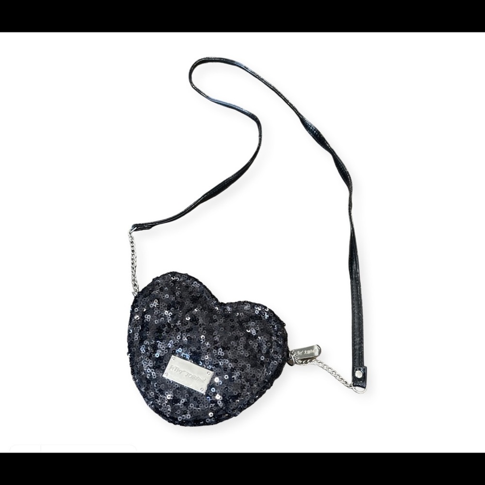 New Vintage Black Betsey Johnson Small Sequins Heart Clutch Purse